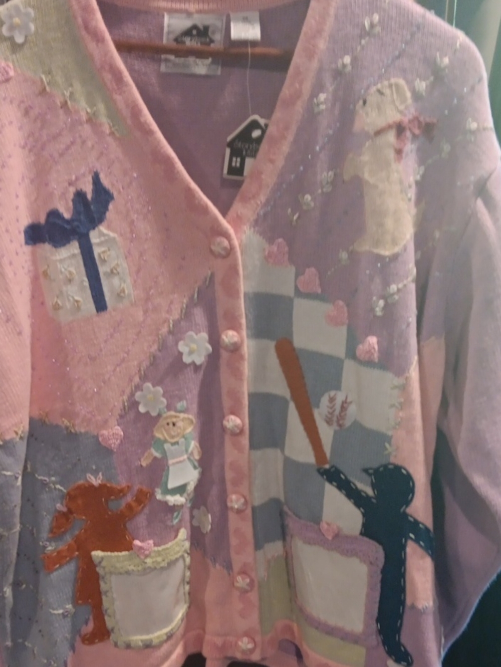 Storybook Knits Pink and Lavender Applique Patchwork Cardigan